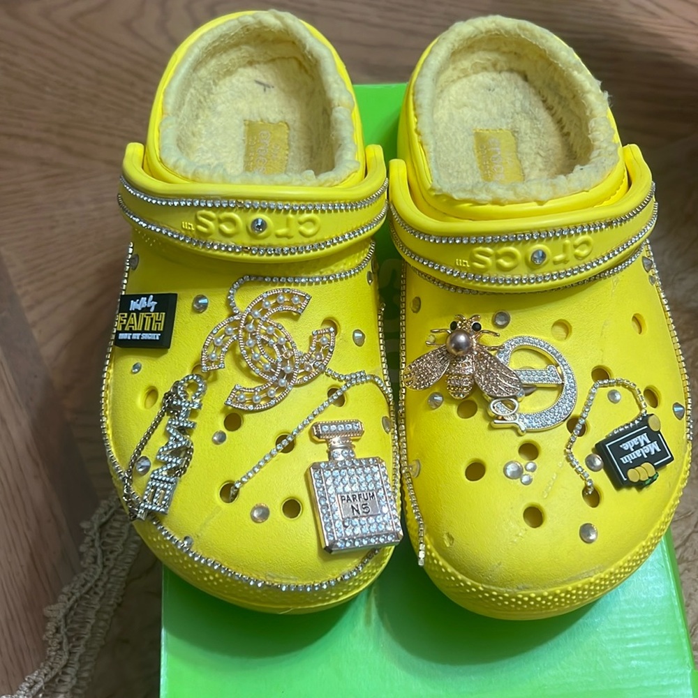 Yellow bling crocs with fur inside
